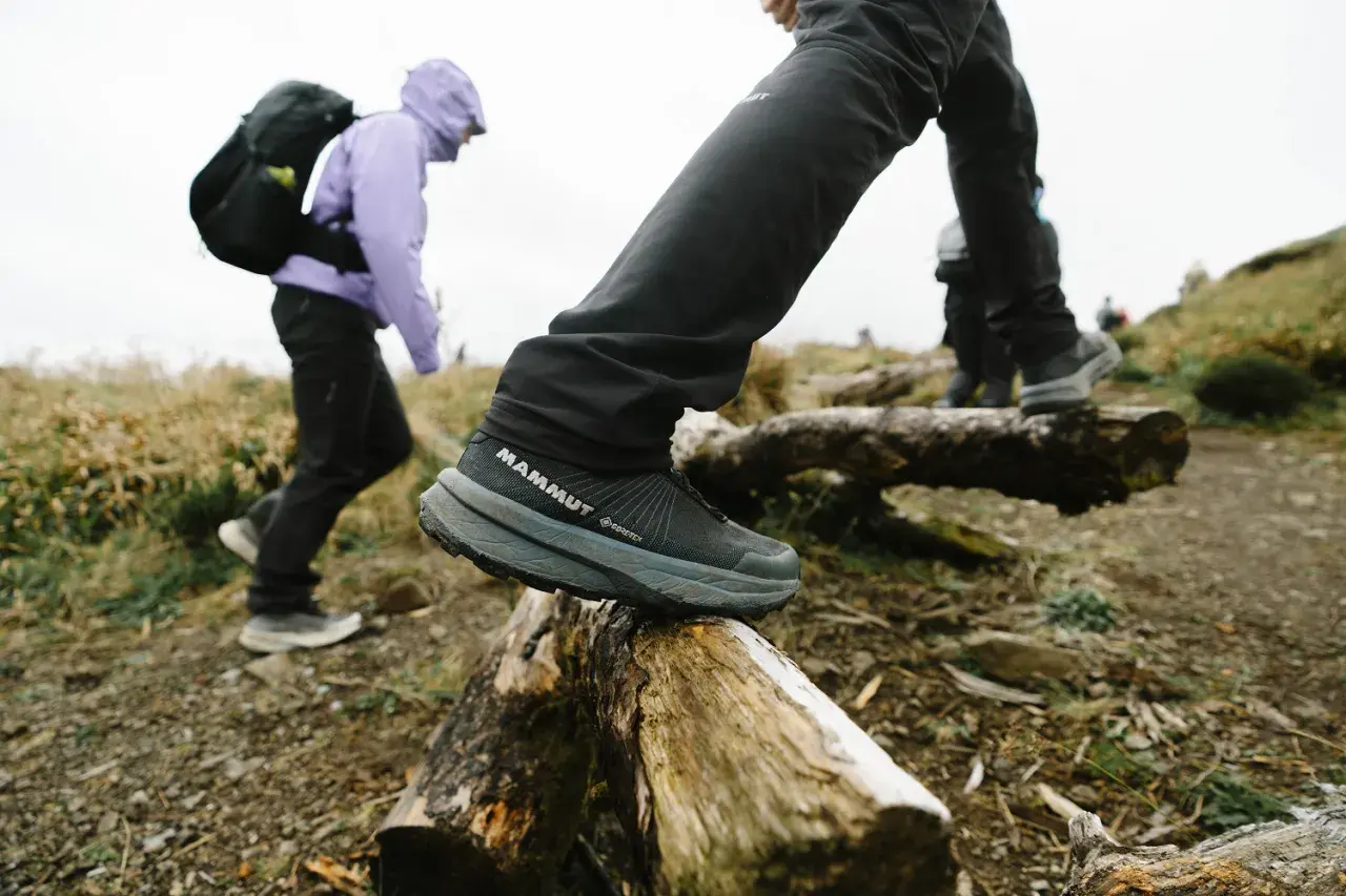 Dobre buty w góry to klucz do pewnego kroku. Na zdjęciu widać turystów w solidnych, wodoodpornych butach Mammut Gore-Tex, pokonujących przeszkody na szlaku.