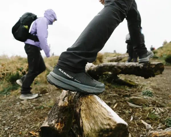 Dobre buty w góry to klucz do pewnego kroku. Na zdjęciu widać turystów w solidnych, wodoodpornych butach Mammut Gore-Tex, pokonujących przeszkody na szlaku.