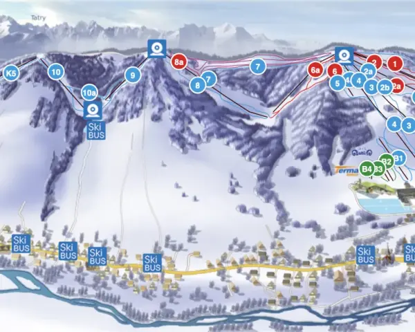 Mapa tras narciarskich w Bukowinie Tatrzańskiej. Widoczne stoki, wyciągi (oznaczone numerami), budynki i przystanki Ski Bus.