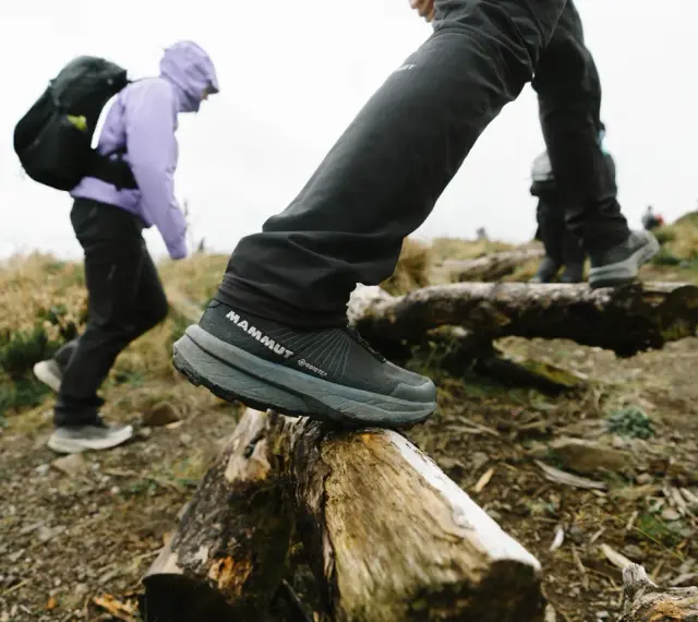 Dobre buty w góry to klucz do pewnego kroku. Na zdjęciu widać turystów w solidnych, wodoodpornych butach Mammut Gore-Tex, pokonujących przeszkody na szlaku.