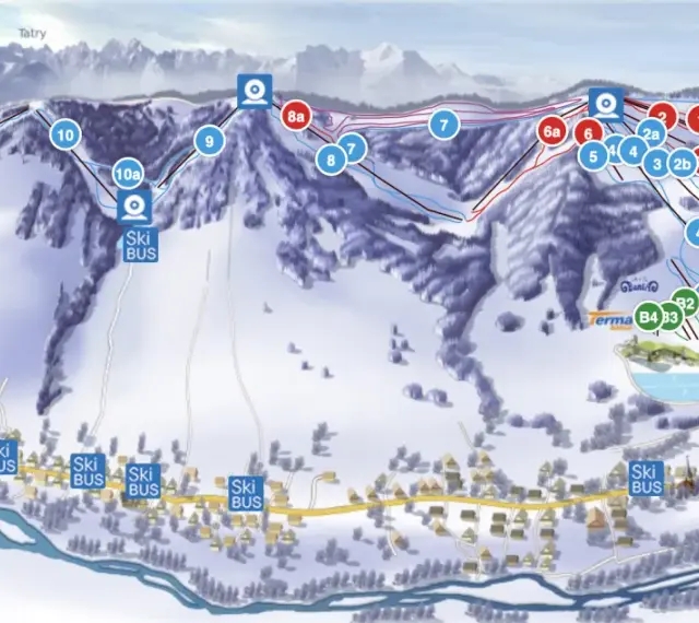 Mapa tras narciarskich w Bukowinie Tatrzańskiej. Widoczne stoki, wyciągi (oznaczone numerami), budynki i przystanki Ski Bus.