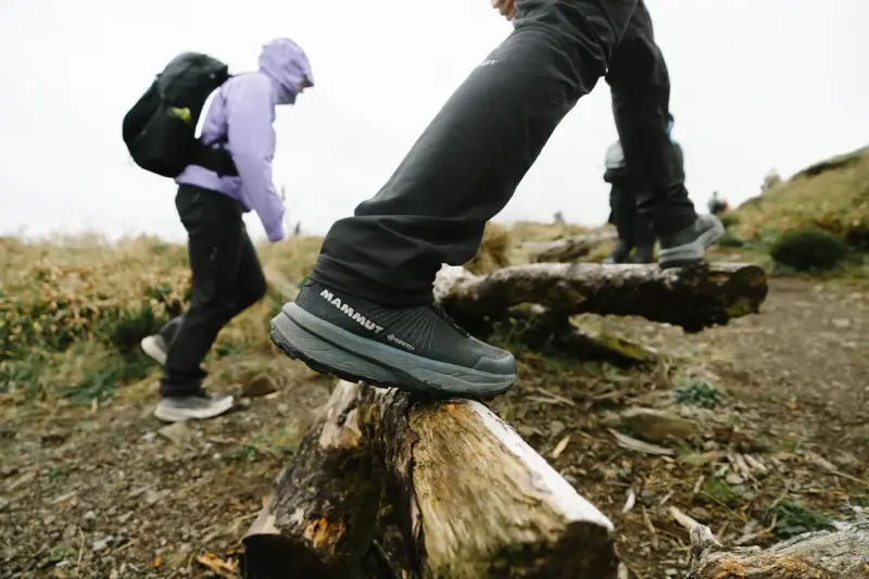 Dobre buty w góry to klucz do pewnego kroku. Na zdjęciu widać turystów w solidnych, wodoodpornych butach Mammut Gore-Tex, pokonujących przeszkody na szlaku.