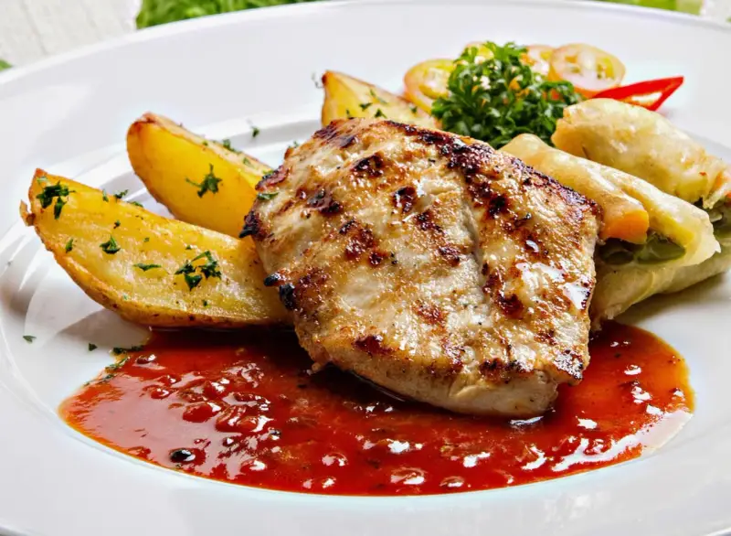 Grillowany kurczak z pieczonymi ziemniakami i sosem, idealny posiłek w jednej z restauracji w Bukowinie Tatrzańskiej.